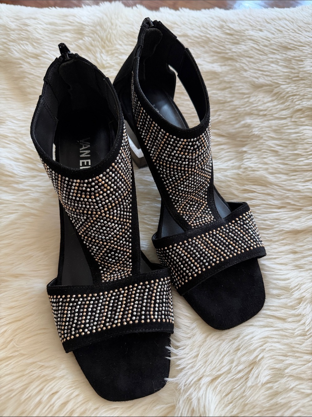 Vintage Vaneli Black Crystal-Studded Open-Toe Block Heels